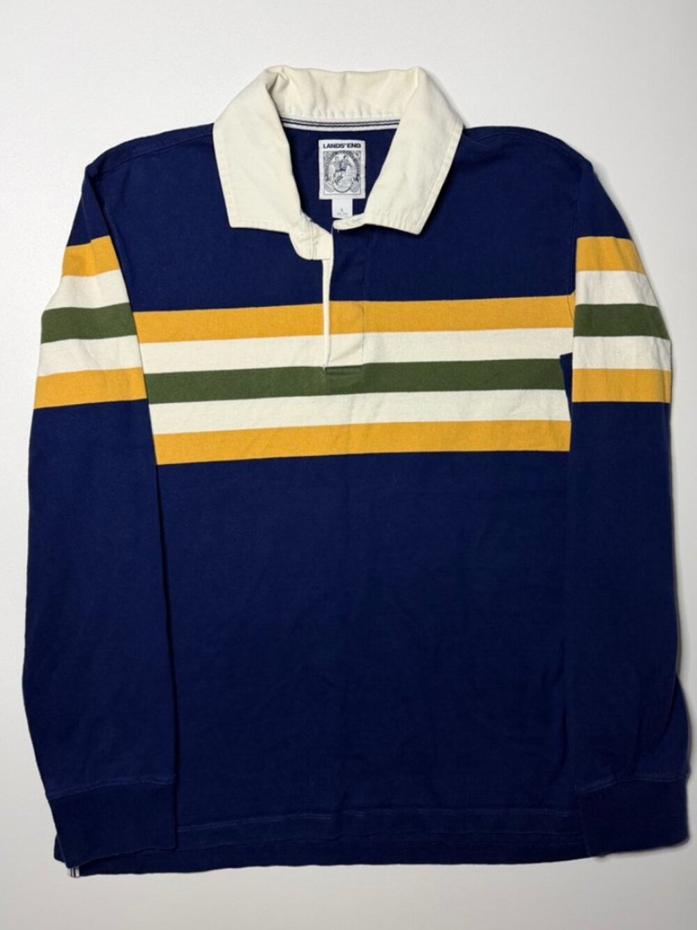 Vintage Lands End Rugby Shirt Mens L Blue Striped Long Sleeve Polo Y2K 2000s NOS